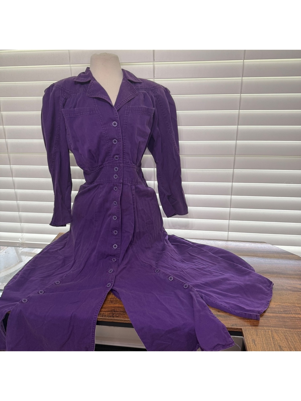 Vintage Purple Button-Front Midi Dress with Puff Sleeves & Shoulder Pads